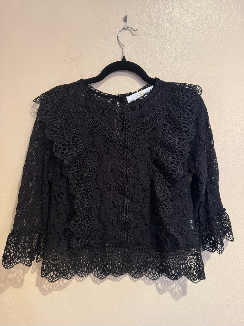 Magical Mystical Black Lace and Crochet Long-Sleeve Blouse By Melograno Rico